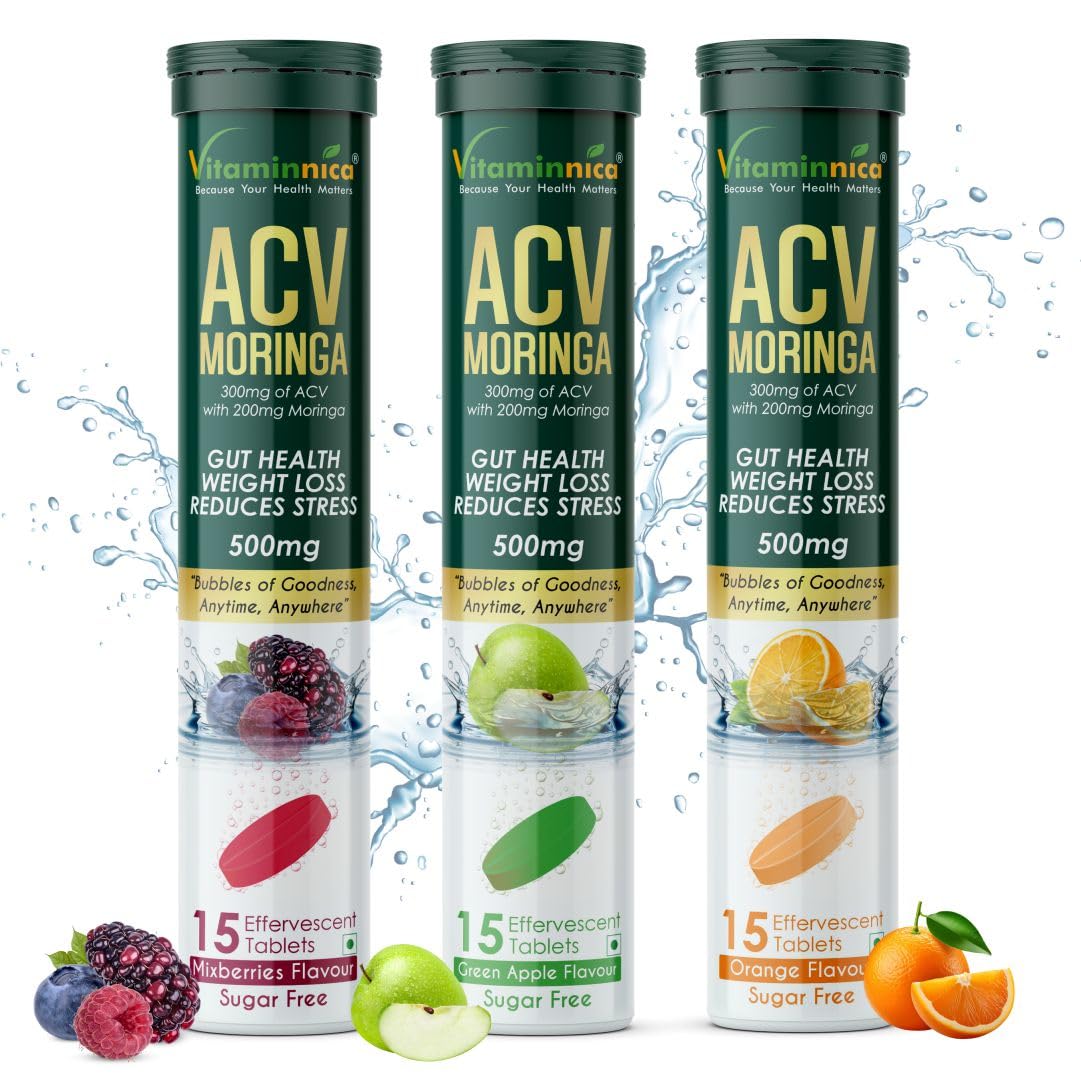 Vitaminnica ACV Moringa Effervescent Tablets | Mix combo pack of - Green Apple, Orange, Mixberry Flavor- 500mg | Natural Energy & Immunity Booster with Antioxidants to Control Cravings (Pack of 3)