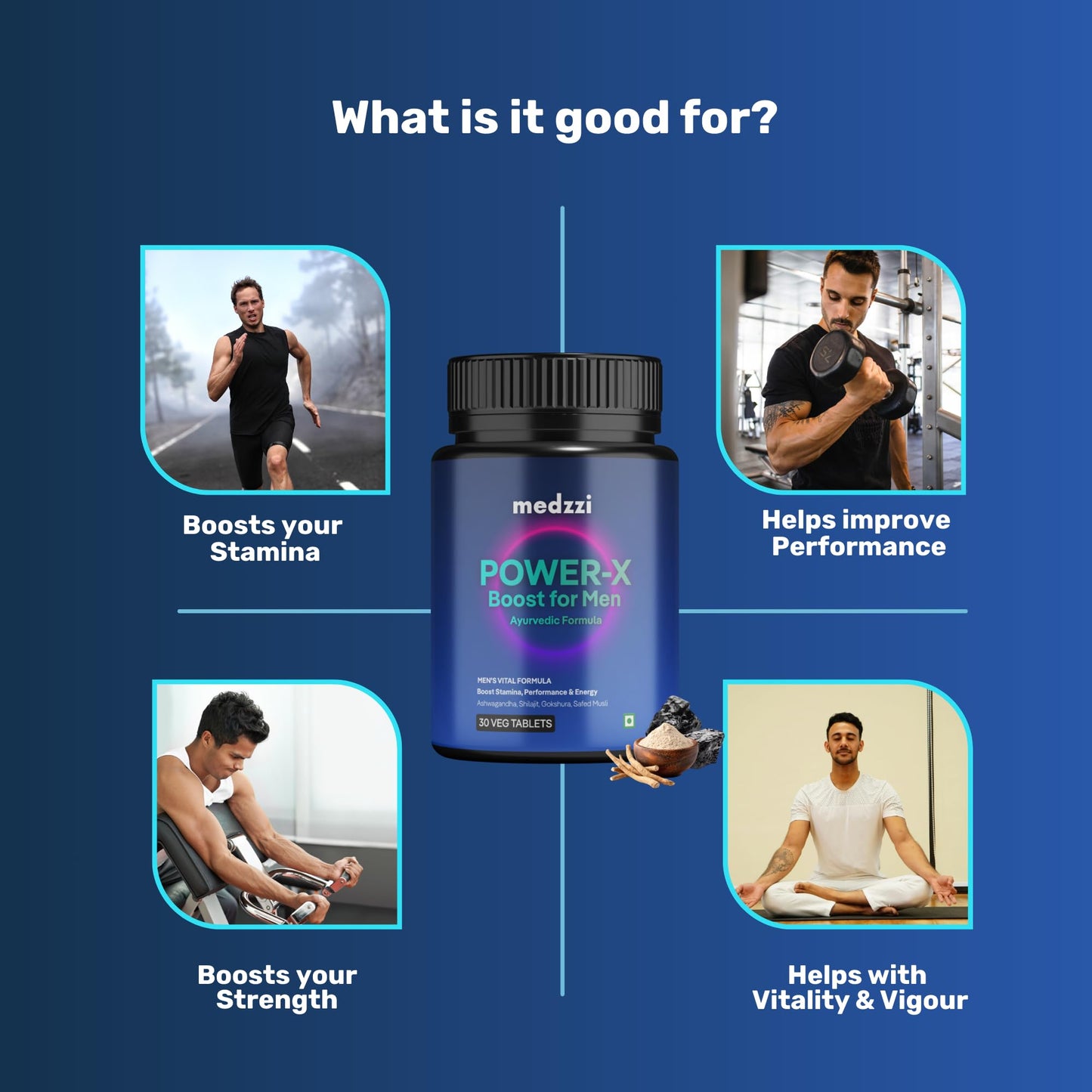 Medzzi Power-X Men’s Wellness Ayurvedic Veg Tablets | With Ashwagandha KSM-66, Shilajit, Gokshura & Kaunch Beej | Supports Stamina, Strength, Energy & Vitality | 30 Veg Tablets