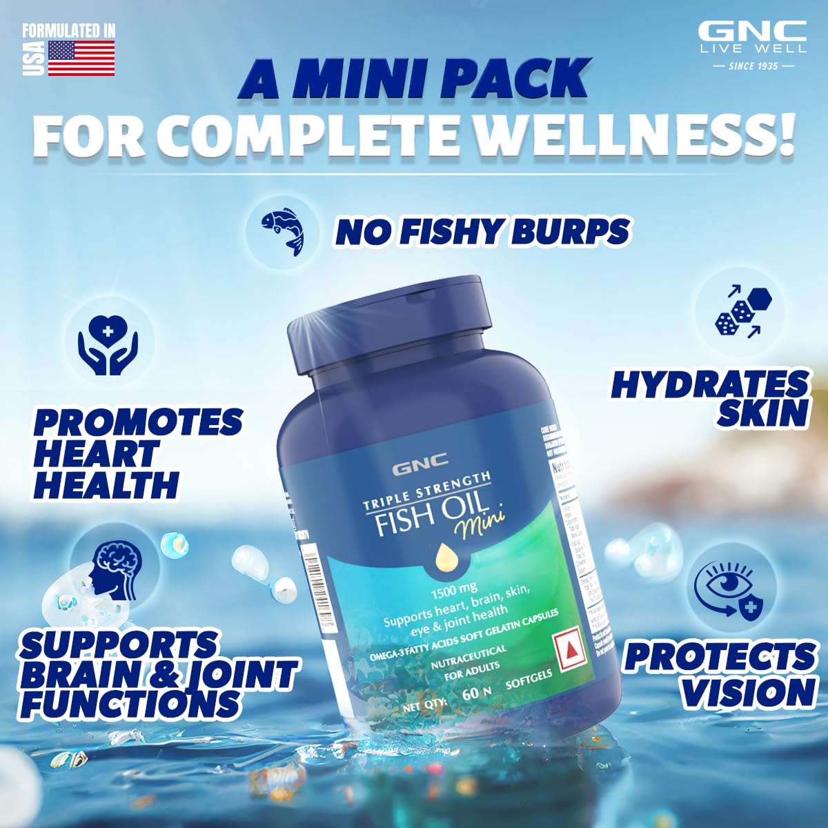 GNC 1500 Mg Triple Strength Fish Oil Mini Omega 3 Softgels For Men & Women| 60 Mini Softgels|540 MG EPA & 360 MG DHA|Improves Memory|Protects Vision|No Fishy Burps|For Men & Women |Formulated In USA