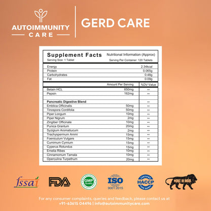 Autoimmunity Care GERD Care – Betaine HCL with Pepsin & Enzymes | Supports Low Stomach Acid, Acid Reflux & Heartburn Relief | Acidity & Bloating Relief, Acidity Tablet for Acid Reflux & Heartburn Relief | 120 Tabs
