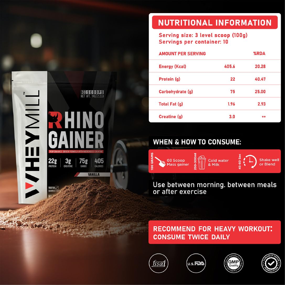 WHEYMILL Rhino Mass/Weight Gainer with Creatine Monohydrate | 1 Kg/2.2 Lb |30 Scoops, 380 Kcal, 22G Protein, 3G Creatine | Advance Gaining Formula | Vanilla,Powder