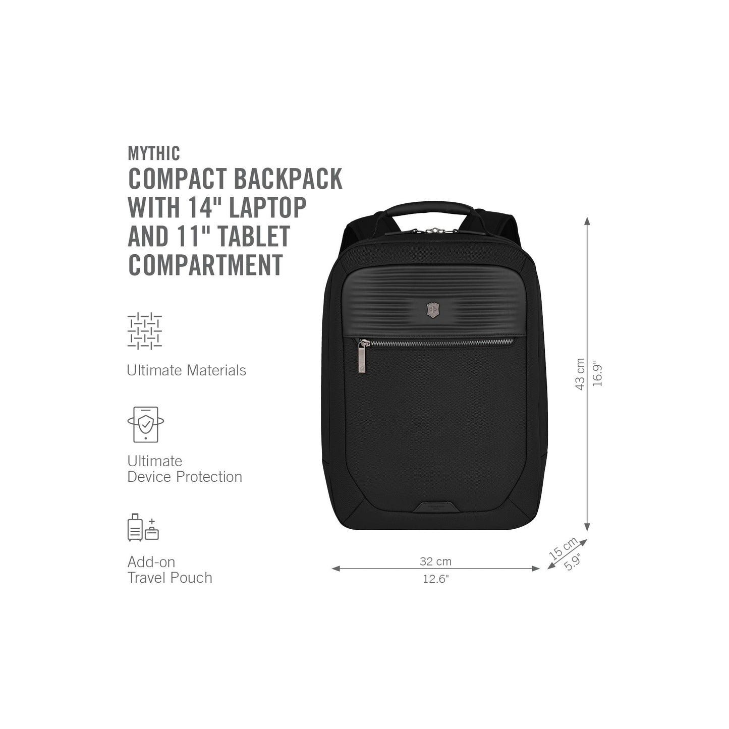 Victorinox Swiss Designed Backpack, Mythic Compact Backpack, Black, 14 Inch Laptop and Tablet Compartment, Business Travel Office Bag For Men & Women, Includes Travel Organiser | 17 Litres (653458)