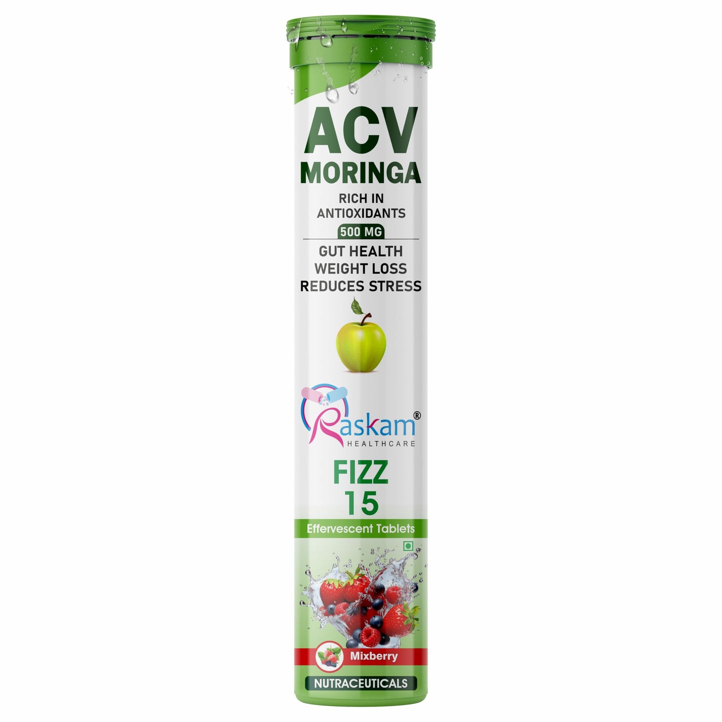 Raskam ACV Moringa Effervescent Tablets | Fizz 15 Tablets in Mixberries Flavour | Natural Energy & Immunity Booster with Antioxidants to Control Cravings | 500mg (Pack of 1)