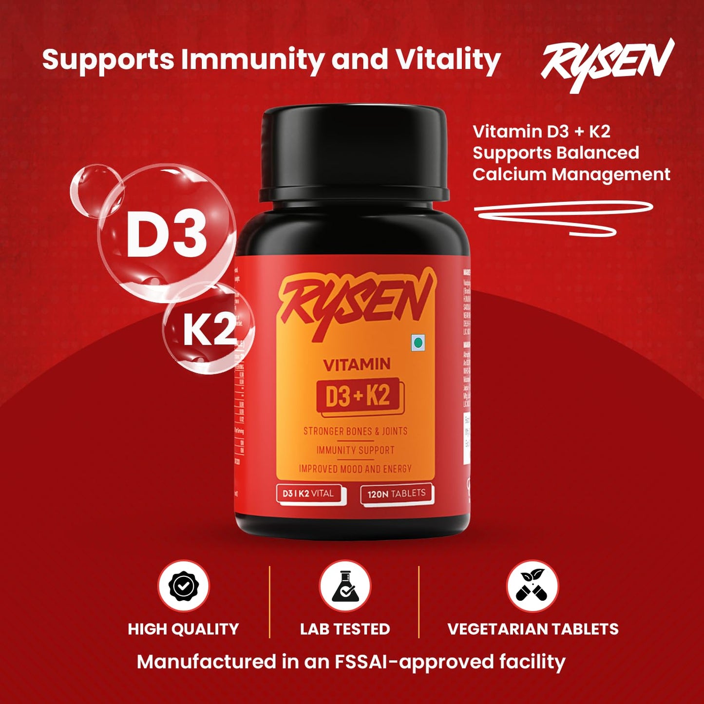 RYSEN Vitamin D3 + K2 MK-7 Tablets (120 Vegan Tablets) | Supports Calcium Absorption, Bone & Heart Health | Vitamin D Supplement for Men & Women | K2 55 mcg, D3 600 IU | Lab Tested