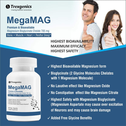 Trexgenics MegaMAG 785mg Magnesium Bisglycinate - Most Bioavailable Magnesium for Sleep, Muscle, Bone & Heart Support (60 Veg. Capsules) (Pack of 1)