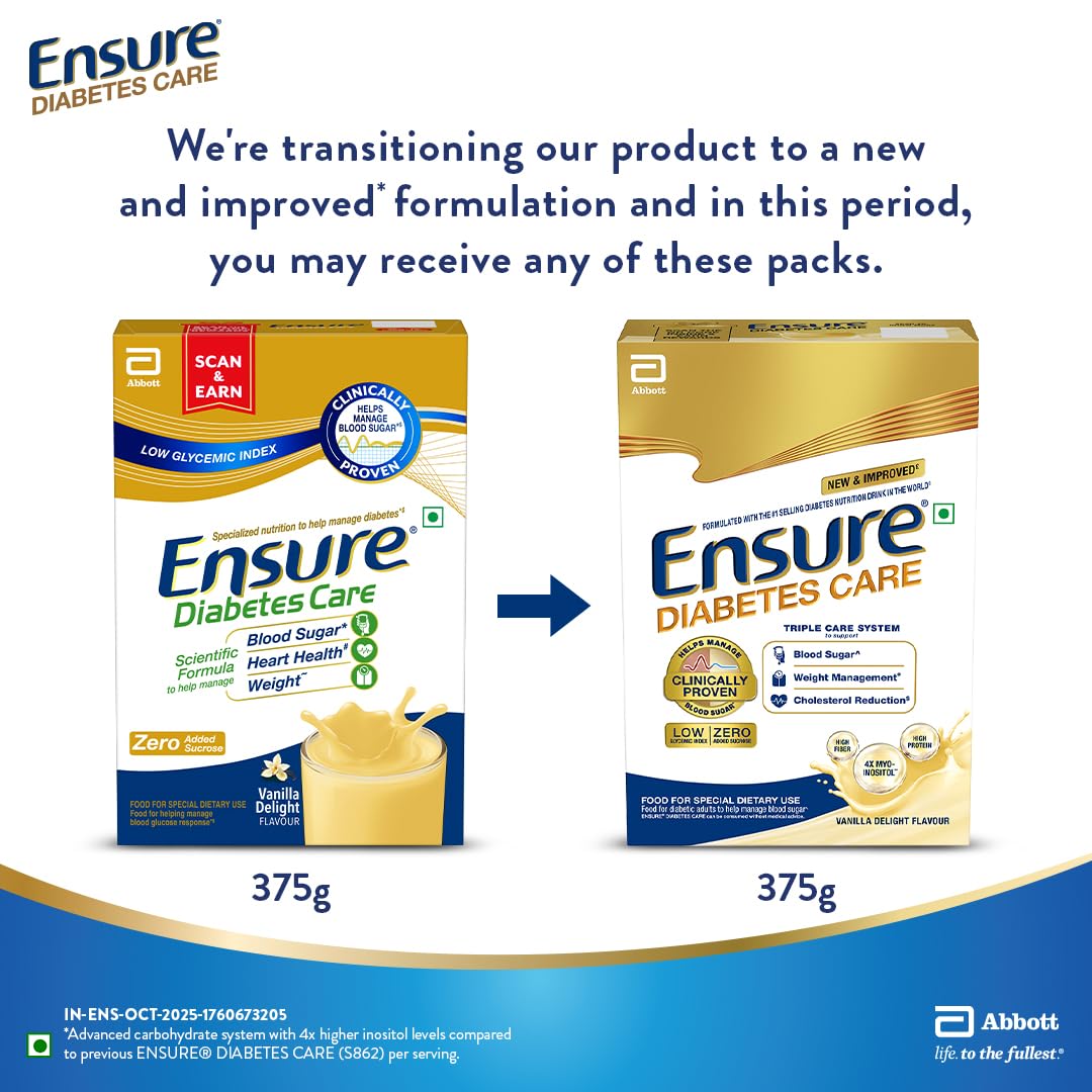 Ensure Diabetes Care Vanilla 375gm |Support Blood Sugar, Weight Management, Cholestrol Reduction |High Protein, High Fibre, 4 Myo-inositol |Zero Added Sucrose