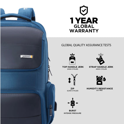 American Tourister Segno Expandable Laptop Backpack Navy |17" Laptop compatible,Lockable Pullers, Rain Cover, Smart Sleeve, Fleece Pocket, Tractum Suspension and Internal Organiser for Men and Women