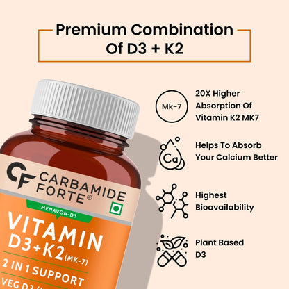 Carbamide Forte Vitamin D3 K2 MK7 | Plant Based Veg Vitamin D Supplement Lichen Source with Vitamin K2 MK7 Menaquinone for Men & Women - 120 Veg Tablets