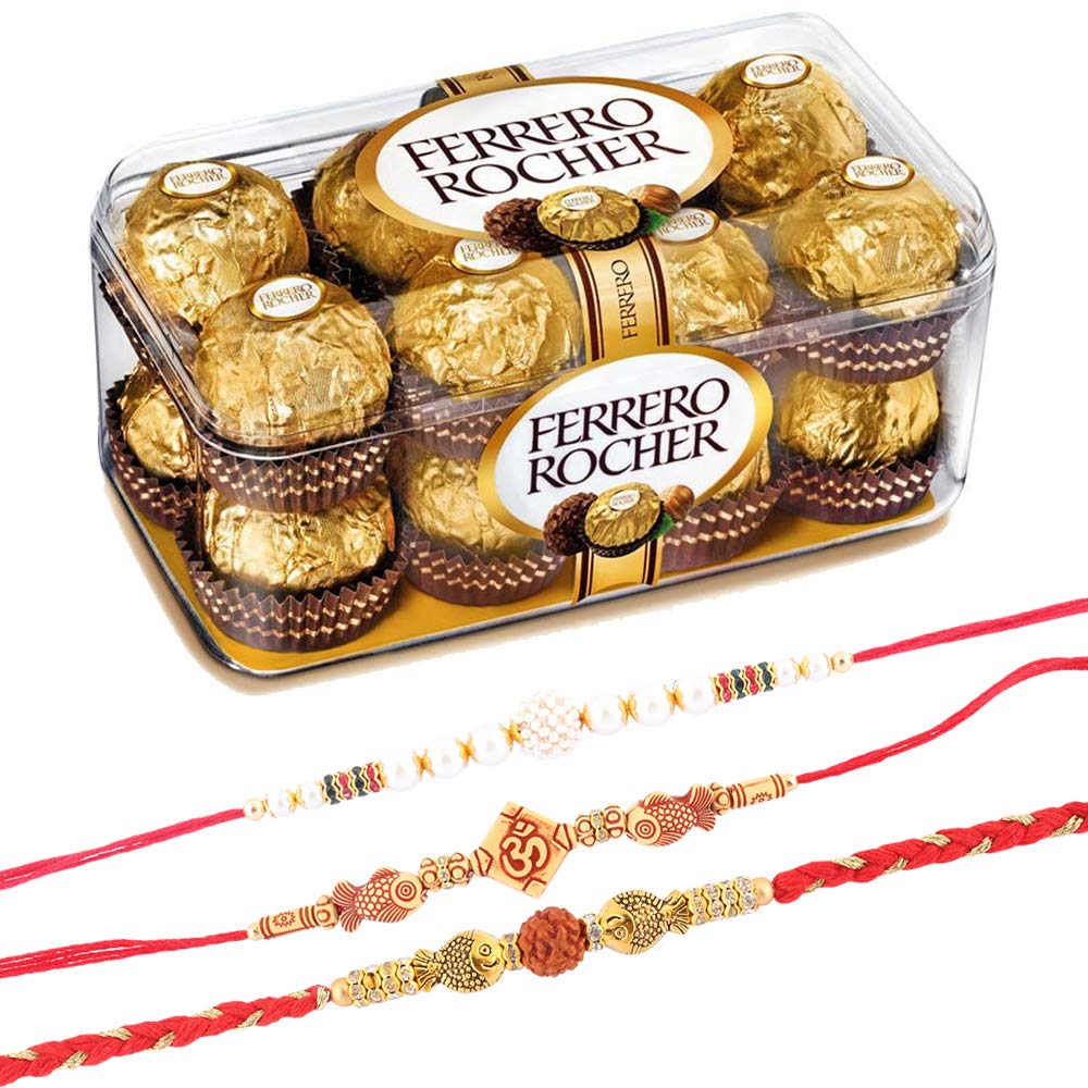 Set of 3 Rakhi with 16 Pieces Ferrero Rocher | Ferrero Rocher Chocolate for Brother | 16 Pieces Ferrero Rocher Chocolate Hamper | Roli, Chawal, Chandan, Misri | 039