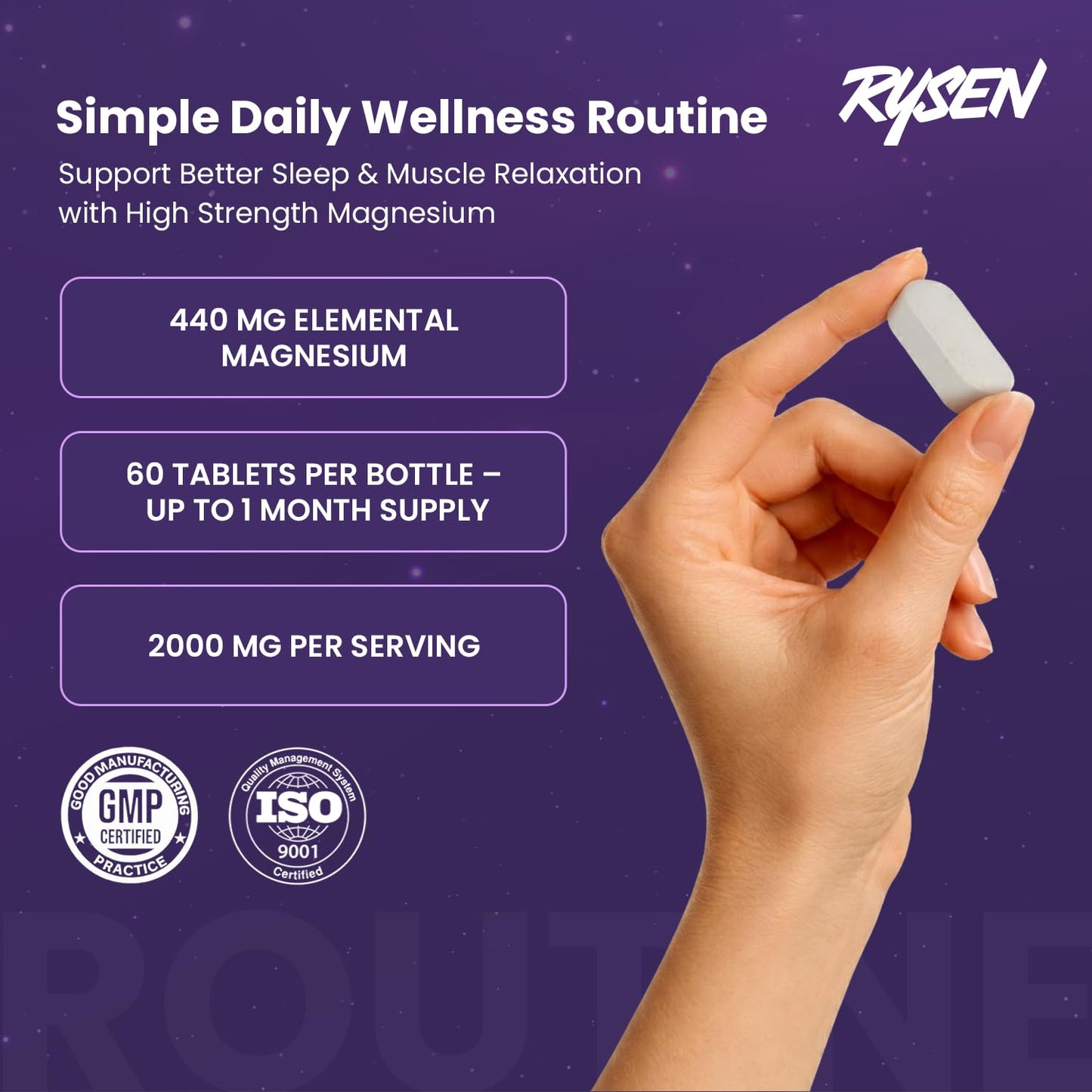 RYSEN Magnesium Glycinate 2000mg (60 Vegan Tablets) | 440mg Elemental Magnesium | High Absorption Chelated Supplement for Sleep, Stress Relief, Muscle Recovery & Calm Mind | Lab Tested For Men & Women