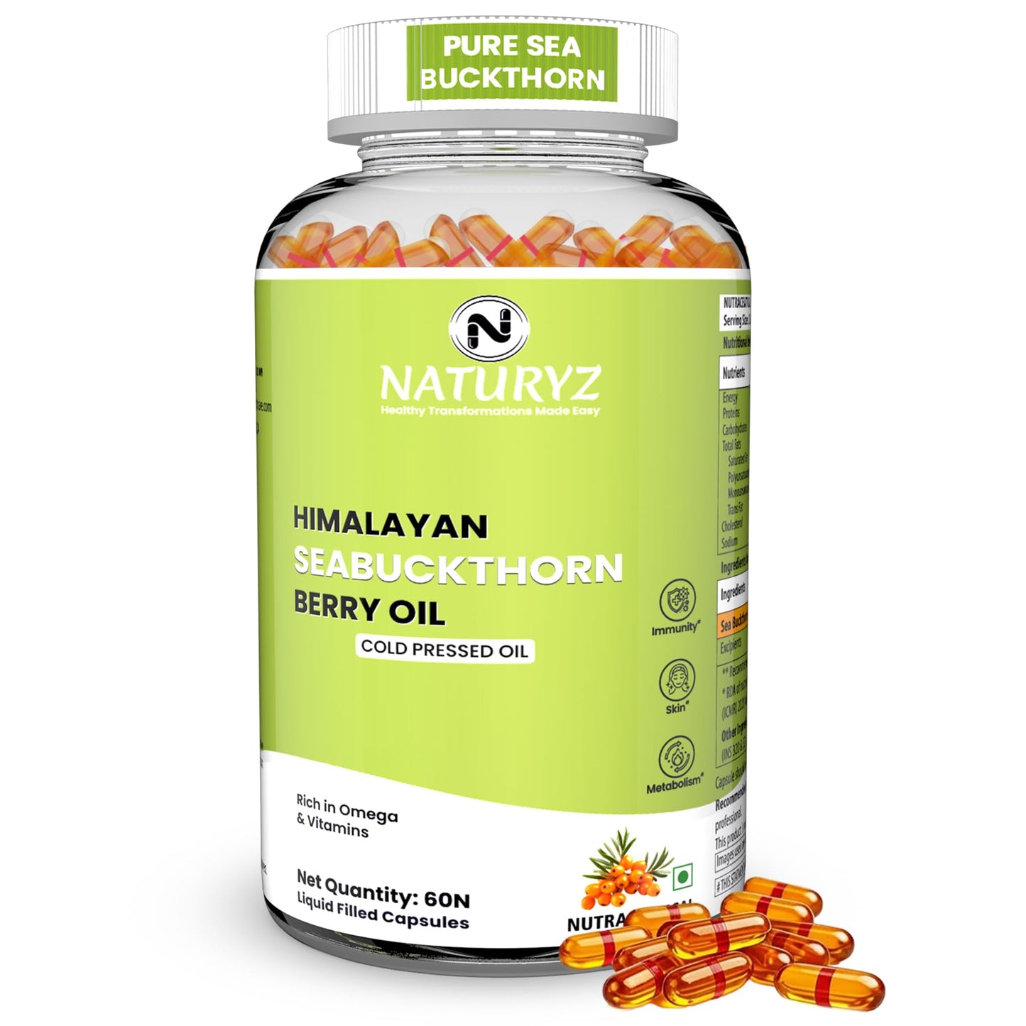 NATURYZ Himalayan Sea Buckthorn Berry Oil Triple Strength 1120mg | Liquid fill Technology for High Absorption & Bioavailability | Full Spectrum Cold-Pressed Vegetarian Omega 7 + Omega 3-6-9 | Skin Glow, Immunity & Gut Health Supplement | Gentler on Stomac