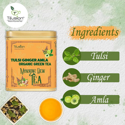 Tifusion Tulsi Ginger Amla Organic Green Tea For Cough Cold Sore Throat Digestion Darjeeling Herbal Organic Whole Leaf Chai Immunity Booster Tea (30 Tea Bag, 30 Serving Cups)