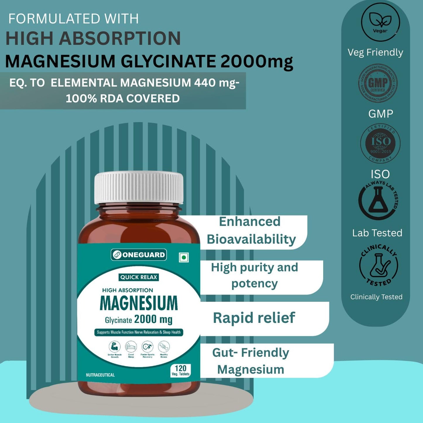 ONEGUARD Magnesium Glycinate Supplement 120 Veg Tablets, 2000mg Per Serving, High Absorption Chelated Form, helpful in Muscle & Nerve Relaxation, Better Sleep Quality for Men & Women