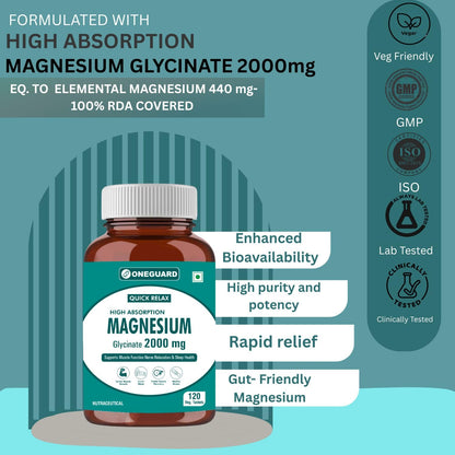 ONEGUARD Magnesium Glycinate Supplement 120 Veg Tablets, 2000mg Per Serving, High Absorption Chelated Form, helpful in Muscle & Nerve Relaxation, Better Sleep Quality for Men & Women