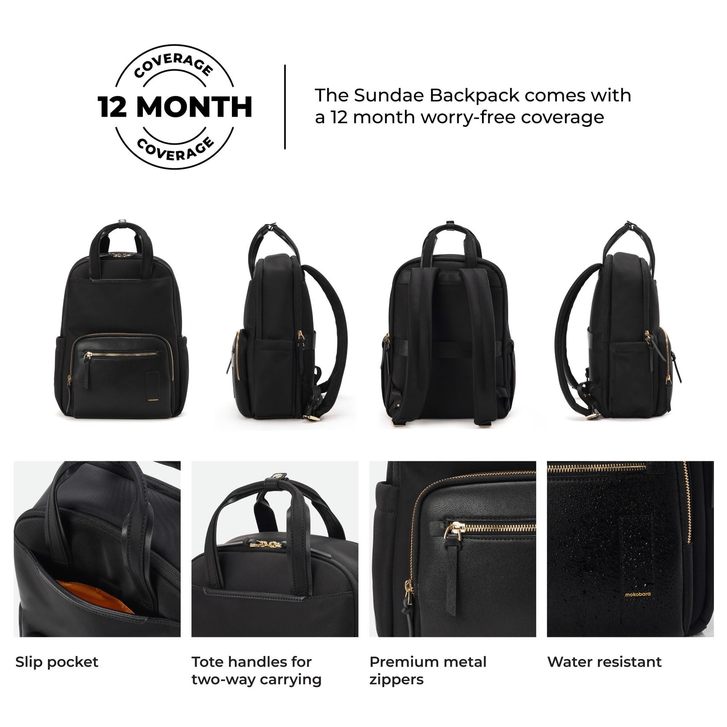 MOKOBARA Sundae Backpack | Fits 15 Inch Laptop, 20L Capacity, Scratch-Free Microsuede Lining | Water Resistant Soft Nylon Fabric, Vegan Leather Trims | Organized Travel | Money Moves, Black