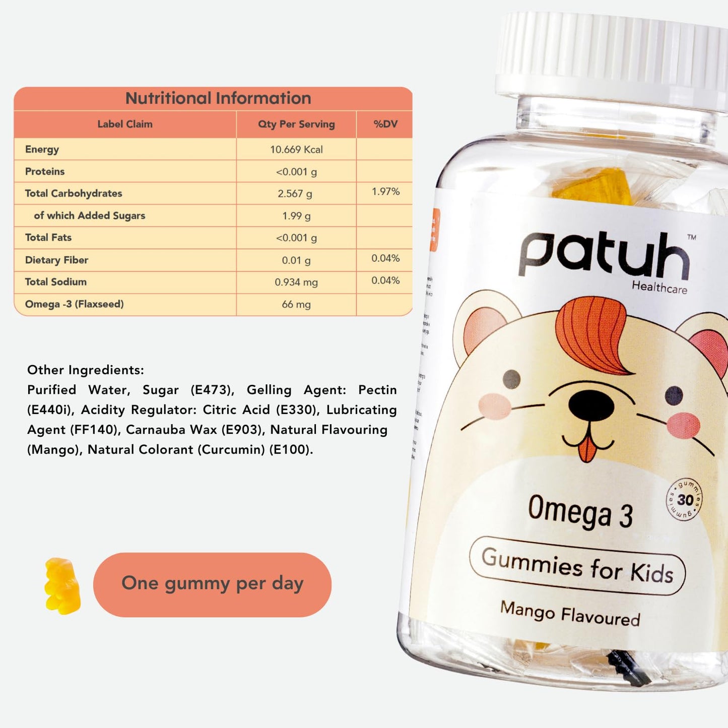 PATUH HEALTHCARE Junior Omega 3 Gummies (4 years & above) 100% Vegetarian Formula, Omega Veg Kids Gummies for Healthy Heart, Brain & Joints, Natural Mango flavor (Pack of 1)