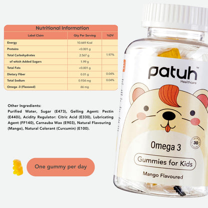 PATUH HEALTHCARE Junior Omega 3 Gummies (4 years & above) 100% Vegetarian Formula, Omega Veg Kids Gummies for Healthy Heart, Brain & Joints, Natural Mango flavor (Pack of 1)