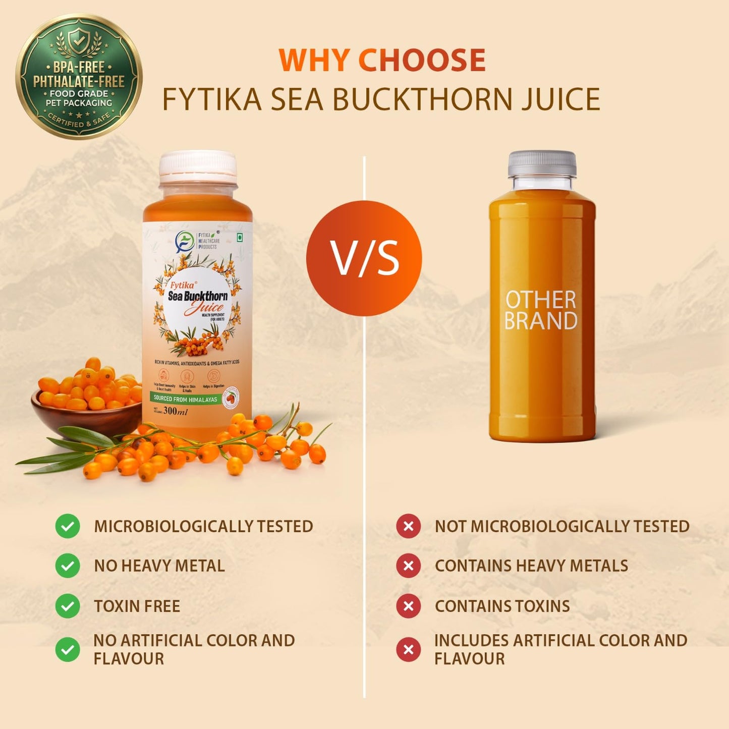 Fytika Sea Buckthorn Juice - 300 ML (PACK OF 1) | Pulp Concentrate Made for Your Total Body Care & Wellness | Rich in Vitamin C, Omega 3, 6, 7, 9 & Antioxidants | For Men & Women
