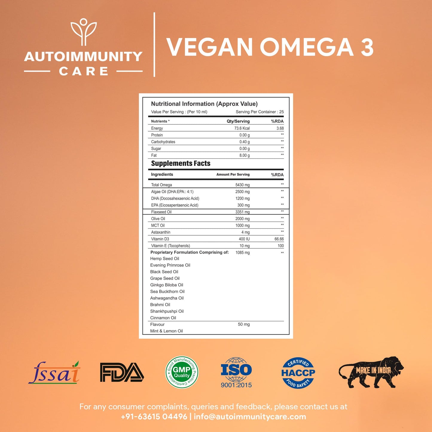 Autoimmunity care Vegan Omega 3 Oil | EPA, DHA With Astaxanthin | Health Supplement For Heart, Brain, Eye, Skin, Muscles, Bone & Joint Support | Better than Fish Oil | 100% Vegetarian | 250 ML Oil