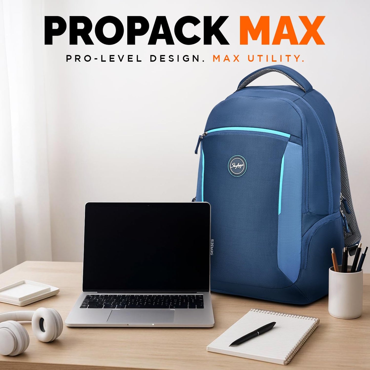 Skybags Propack Max 17 Inch Compatible Anti‑Theft Laptop Backpack 35L | 3 Compartments with USB Charging Port & Rain Cover | Air Mesh Back Panel | Office & Travel Backpack for Men & Women (Blue)