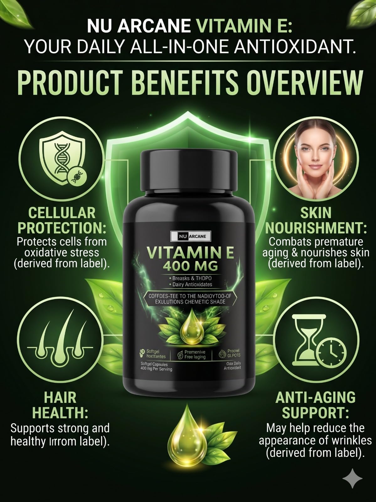 NuArcane Vitamin E 400mg Softgel Capsules | Daily Antioxidant Supplement for Healthy Hair, Glowing Skin & Anti-Aging | Prevents Wrinkles & Oxidative Stress | 60 Softgels