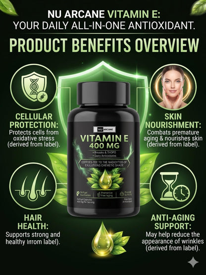 NuArcane Vitamin E 400mg Softgel Capsules | Daily Antioxidant Supplement for Healthy Hair, Glowing Skin & Anti-Aging | Prevents Wrinkles & Oxidative Stress | 60 Softgels
