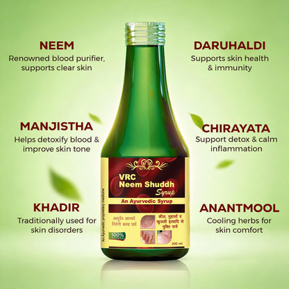 VRC Healthcare Neem Shuddh Syrup 200ml | Helps With Acne, Pimples, Itching Skin | Purifies Blood & Improves Circulation | Controls Body Heat, Immune & Daily Wellness Support | 100% Ayurvedic