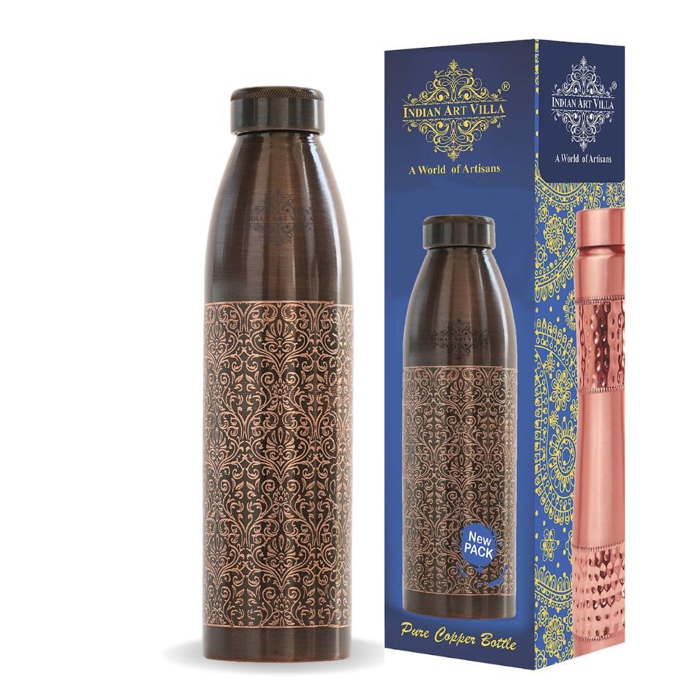 INDIAN ART VILLA 100% Pure Copper Water Bottle, Antique Dark Embossed Design, Ayurvedic Vessel for Yoga & Health, 900ml