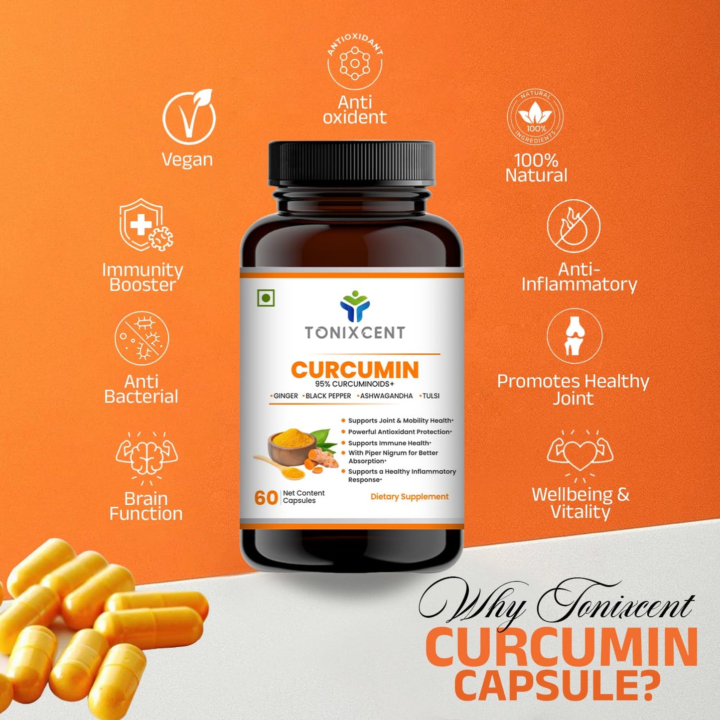 TONIXCENT Curcumin 95% Curcuminoids Capsules with Piperine, Turmeric Extract with Ginger, Ashwagandha & Tulsi, Joint & Mobility Support, Antioxidant & Daily Wellness Supplement, Veg Capsules for Men & Women– 60 Count