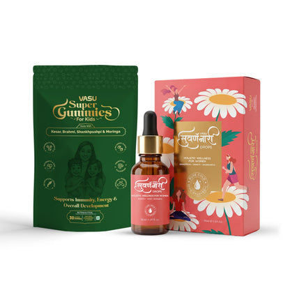Vasu Swarna Naari Drops for Women 50ml + Vasu Super Gummies for Kids 30 Gummies | Family Wellness Combo | Daily Nutrition & Wellness Support