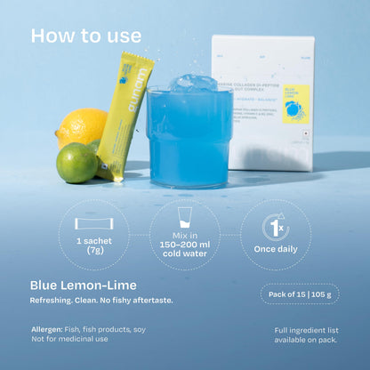 Gunam Marine Collagen Di-Peptide + Skin & Gut Complex | Hydrolysed Japanese Marine Collagen Peptides| Prebiotic FOS, Glutathione, Vitamin C & B3, Zinc, Probiotics | Supports Skin Glow, Hair, Nails, Gut & Joints | Lemon Lime | 15 Sachets