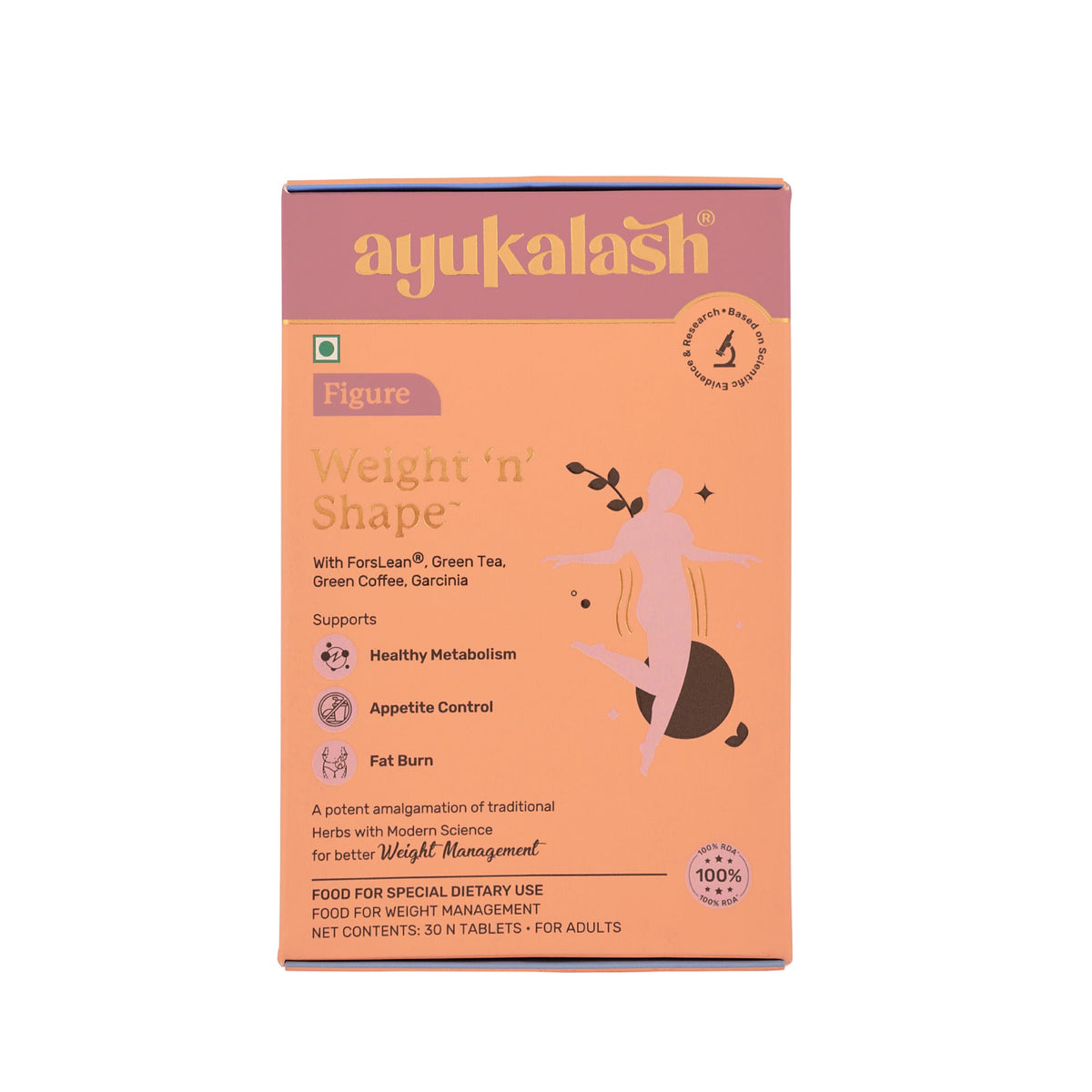 Ayukalash Weight ‘n’ Shape Tablets (30) – L-Carnitine, Garcinia, Green Tea & Green Coffee, Vegan