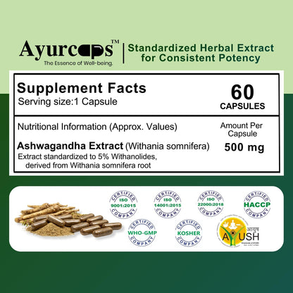 Ayurcaps Ashwagandha 60 Veg Capsules | Supports Stress Management And Natural Antioxidant| Boost Immunity, Energy And Vitality | Good For Mind And Body, No Preservatives (Pack of 1)