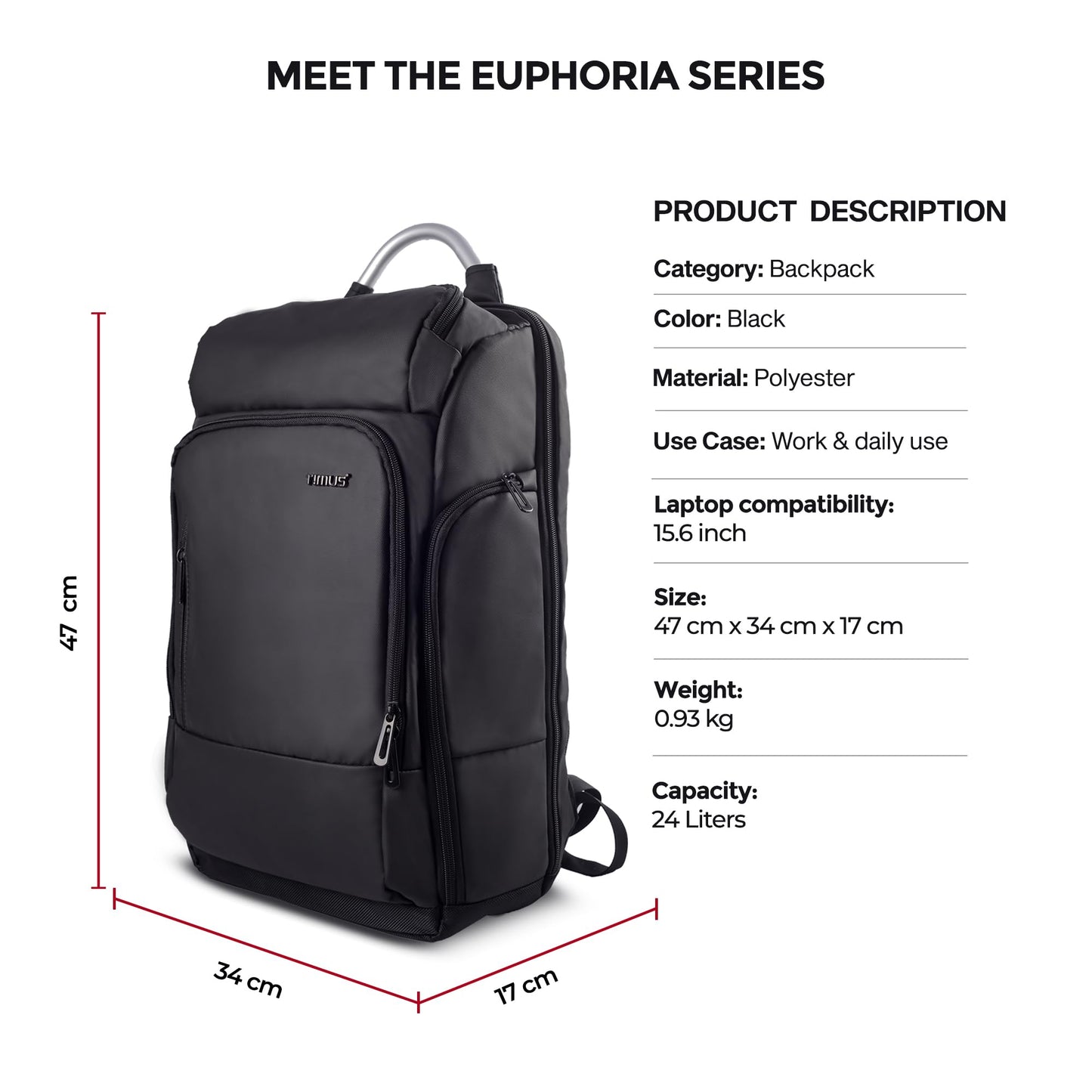 Timus Seattle Black Professional Laptop Backpack for Men & Women 24 L with 15.6 Inch Laptop Compartment | Water resistant with USB Port Anti-Theft Bag | Premium Polyester Fabric