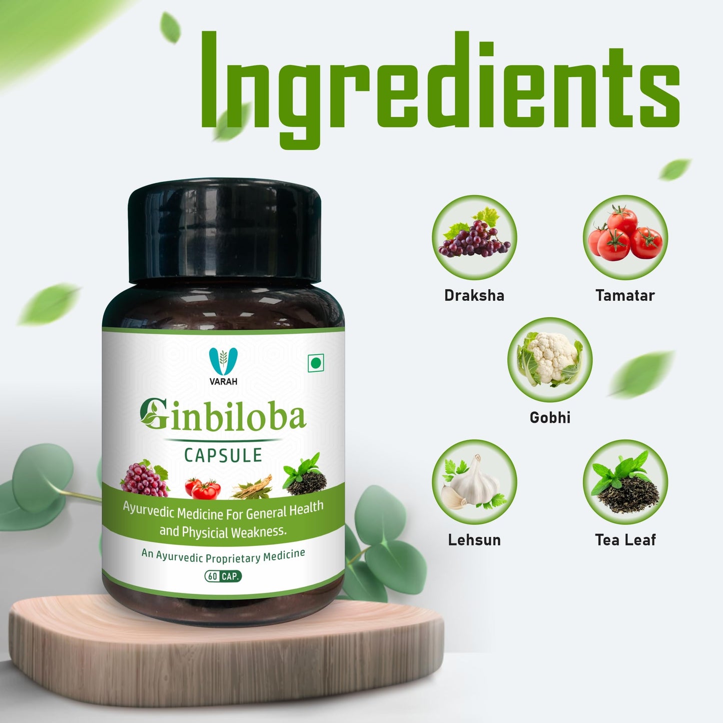 Varah Healthcare Ginbiloba Capsules | With Ginseng Draksha & Herbal Extracts | 60 Veg Capsules for Daily Vitality Physical Energy General Wellness & Balanced Lifestyle | For Men & Women