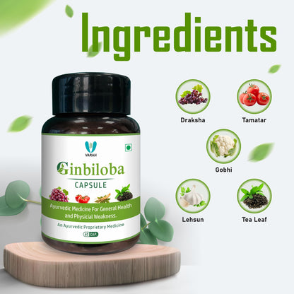 Varah Healthcare Ginbiloba Capsules | With Ginseng Draksha & Herbal Extracts | 60 Veg Capsules for Daily Vitality Physical Energy General Wellness & Balanced Lifestyle | For Men & Women