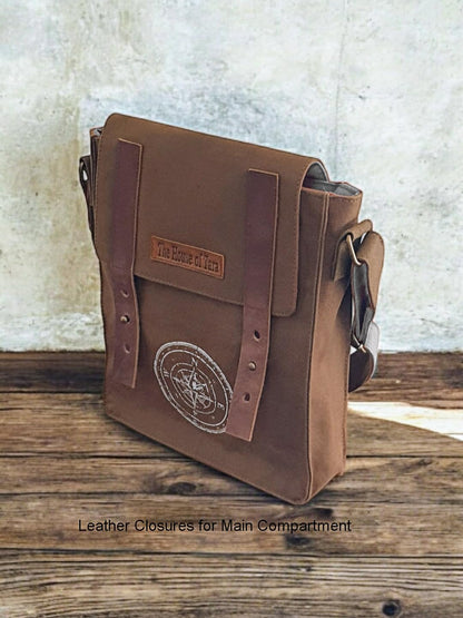 The House of Tara Canvas Side Sling Bag For Men & Women | Compact Messenger bag with Leather Strap on Flap Closure, Adjustable Shoulder Strap & Metal Buckle | Crossbody bag Suitable for Office (Khaki)