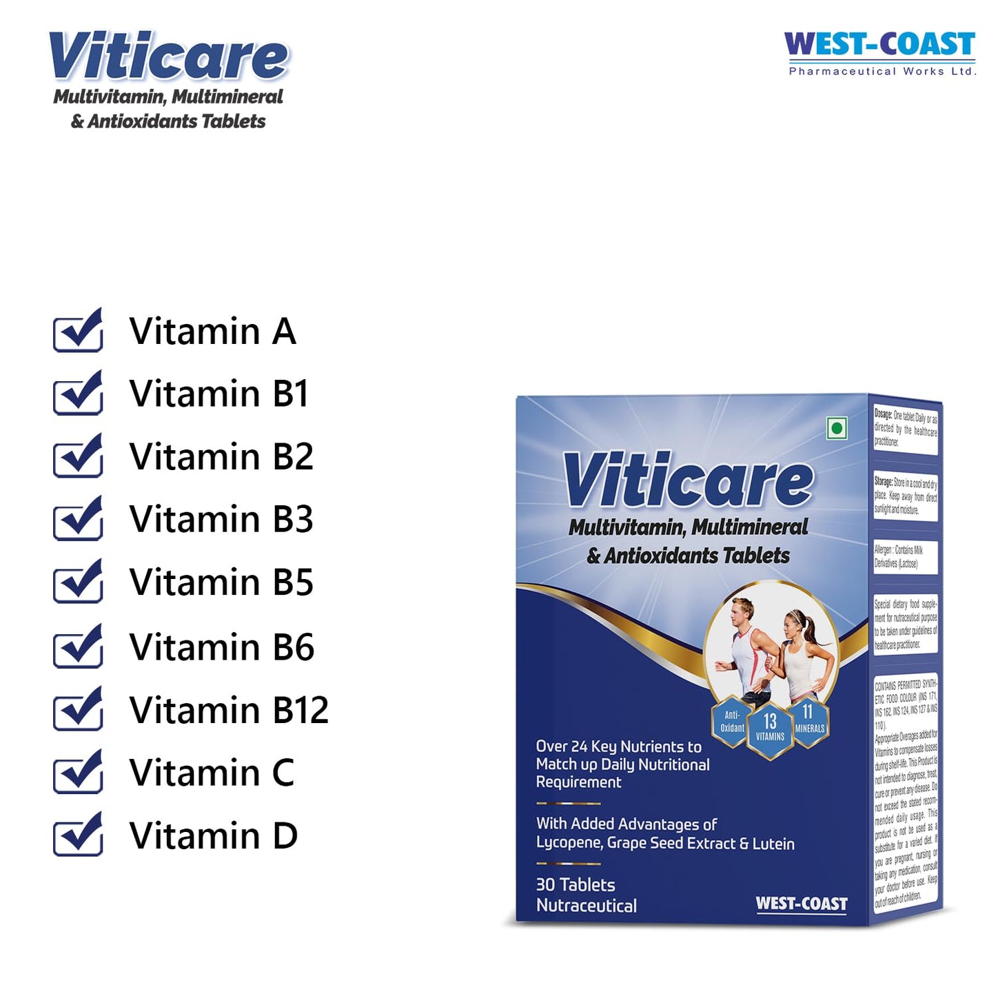 Westcoast Viticare Multivitamin, Multimineral & Antioxidants Tablets Over 24 Key Nutrients to Match up Daily Nutritional Requirement with Added Advantages of Lycopene Grape Seed Extract & Lutein 30 Tablets