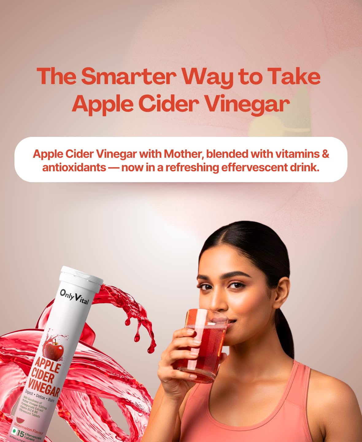 OnlyVital ACV Effervescent Tablets 500mg with Mother Vinegar, Pomegranate, Vitamin B12 & B6 | Digest & Metabolism Support | Watermelon