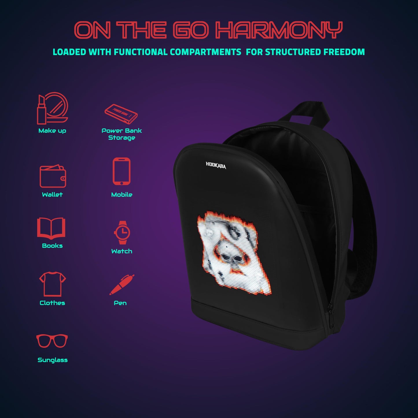Hookaba Bold Bling LED Backpack for Kids 8L (Black) | Smart Display Bag | with Programmable Screen, App Control & Water Resistant | Unisex Daypack for School, College, Travel | for Boys & Girls