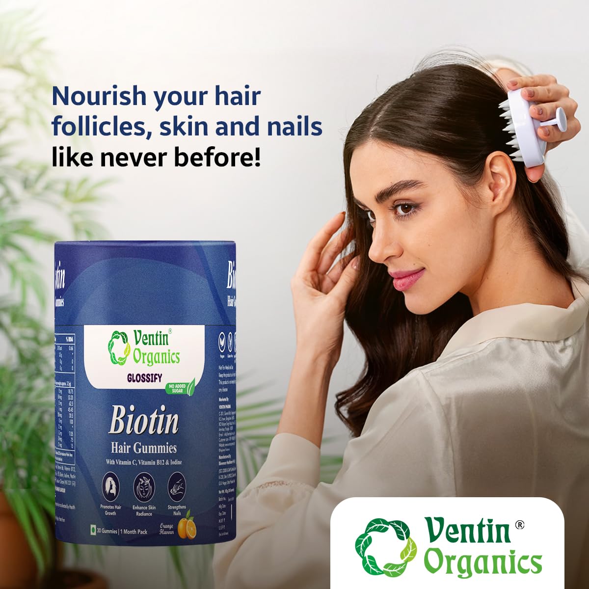 Ventin Organics Glossify Biotin Hair, Skin & Nails Gummies | 30 N | No Added Sugar | Enriched With Vitamins & Minerals | Strengthens Hairs & Nails, Brightens Skin Orange Flavour