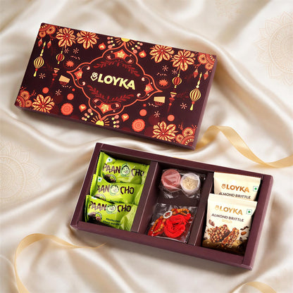 LOYKA Bond & Brittle Rakhi Gift Hamper for Brother & Sister - 8 Inclusions - Premium Almond Brittle Gold, Brownie & Paancho Chocolate Sweets Combo Box with Rakhi, Roli Chawal - Rakshabandhan Gift Set