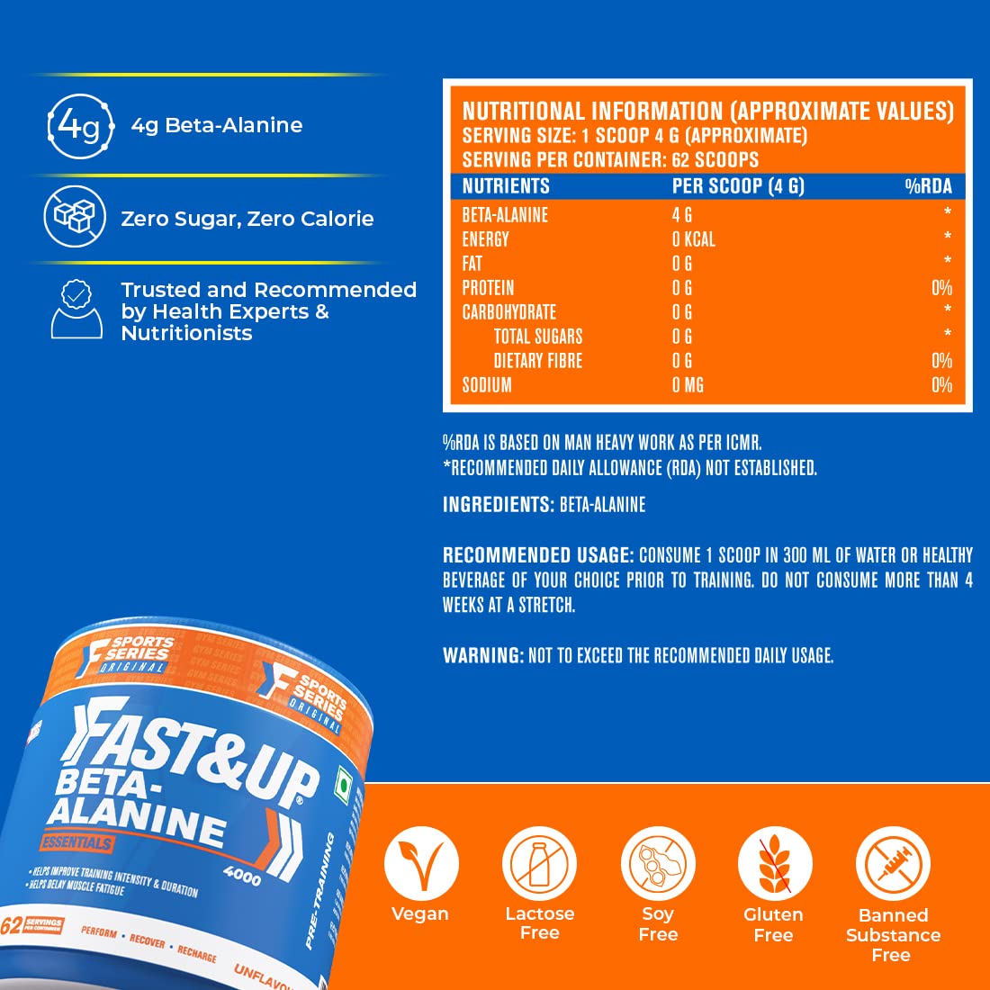 FAST&UP Beta-Alanine Essentials (250gms, 4gms per serving, 62 Servings) | Helps Increase Workout Capacity, Strength & Endurance | Helps Delay Muscle Fatigue