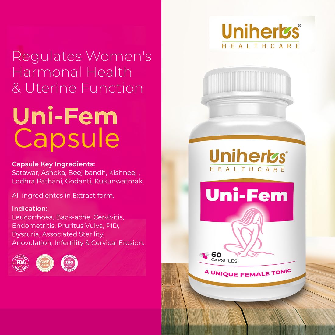 Uniherbs Uni Fem Capsule Stop Heavy Period Flow Clotting Period Pain for Women, Ayurvedic Medicine For Women 60 Capsule Pack of 1