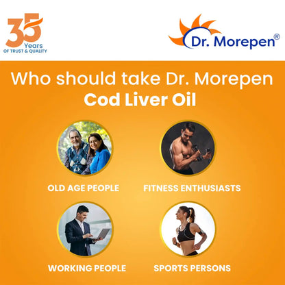 Dr. Morepen COD Liver Oil Capsules | Finest Natural Omega 3, EPA & DHA | Pack of 100 Softgels