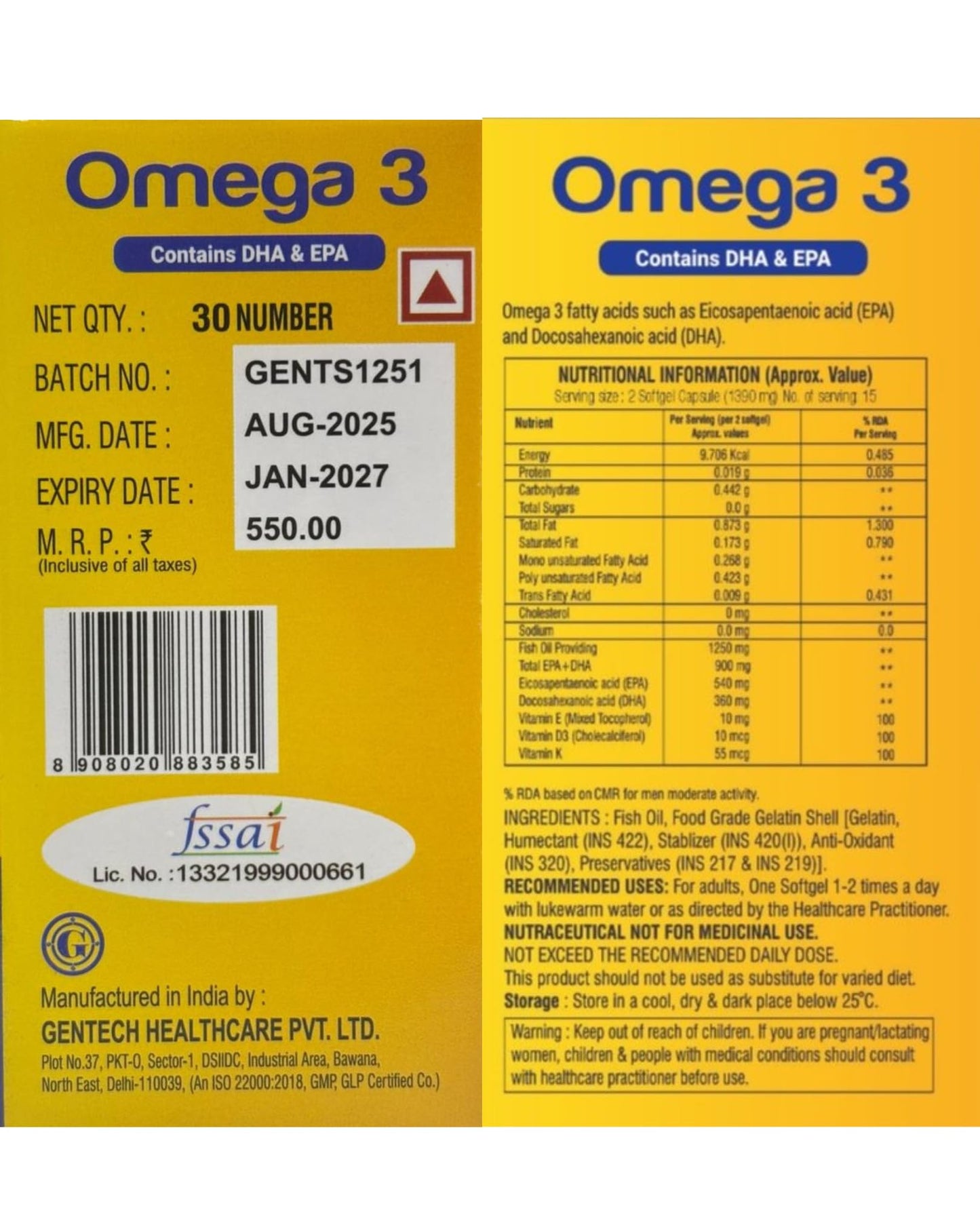 Gentech Wellness Omega 3 Fish Oil 1250mg Softgel Capsules with EPA & DHA – Triple Strength Omega 3 Supplement for Heart Health, Brain Function, Joint Support, Cholesterol & Skin Care – 30 Softgels.