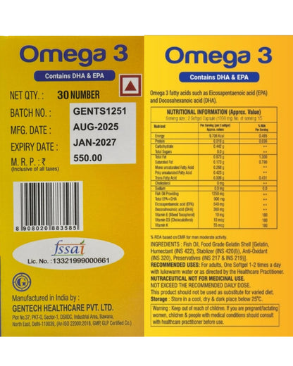 Gentech Wellness Omega 3 Fish Oil 1250mg Softgel Capsules with EPA & DHA – Triple Strength Omega 3 Supplement for Heart Health, Brain Function, Joint Support, Cholesterol & Skin Care – 30 Softgels.