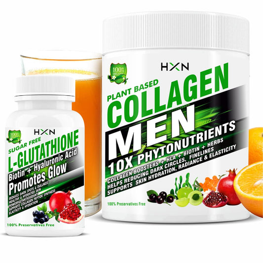 HXN Collagen Supplements For Men And Glutathione Tablets With Biotin, Vitamin C, E, Hyaluronic Acid, Marine Peptides Supplement For Skin Whitening & Glow Powder-300GM (Combo Pack)