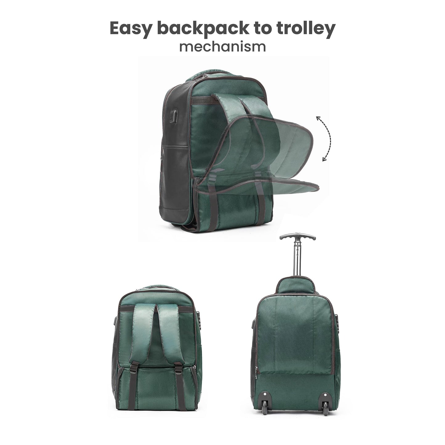 THE ASSEMBLY 3 Compartments Laptop Roller Case for Office Travel | Weekender Bag with Wheels for Men & Women- 30 Liters - One Day Travel Backpack - Metro Mod, Green
