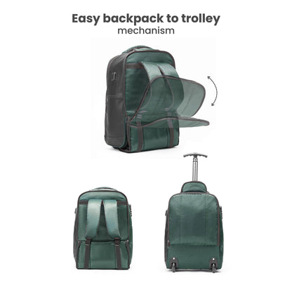 THE ASSEMBLY 3 Compartments Laptop Roller Case for Office Travel | Weekender Bag with Wheels for Men & Women- 30 Liters - One Day Travel Backpack - Metro Mod, Green